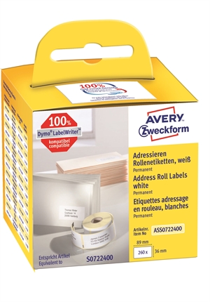 Avery étiquettes d'adresse sur rouleau 89 x 36 mm, 260 pièces.